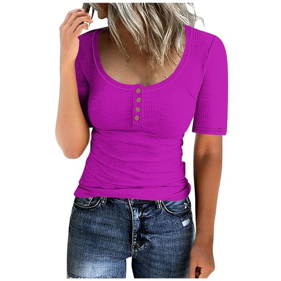 WREESH Women's Ribbed Knit Henley Crop Tops Round Neck Button T-Shirt in Solid Colors, Short Sleeve Slim Crop Top for a Trendy Look Purple