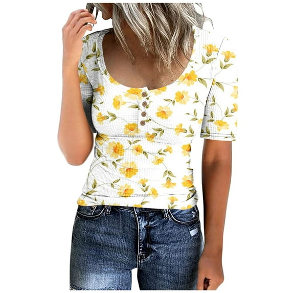 WREESH Women's Ribbed Knit Short Sleeve Henley Crop Top Floral Pattern Blouses Slim Classic Button T-Shirt Yellow