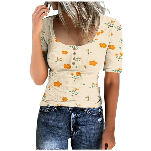 WREESH Women's Ribbed Knit Short Sleeve Henley Crop Top a Classic Button T-Shirt in Floral and Comfortable Fit Beige