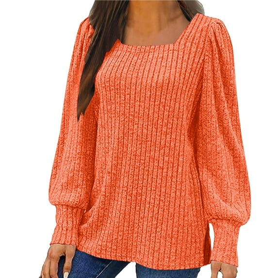 WREESH Women's Ribbed Knit Sweater Solid Color Square Neck Puff Long Sleeve Pullover Blouses Spring Casual Tunic Tops Orange