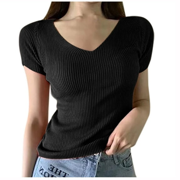 WREESH Women's Ribbed Knit V-Neck Tops Short Sleeve Fashion Solid Colors Black