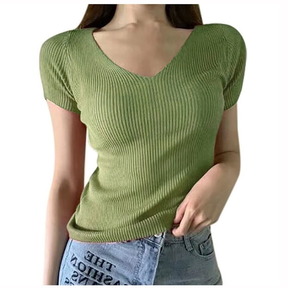 WREESH Women's Ribbed Knit V-Neck Tops Short Sleeve Fashion Solid Colors Green