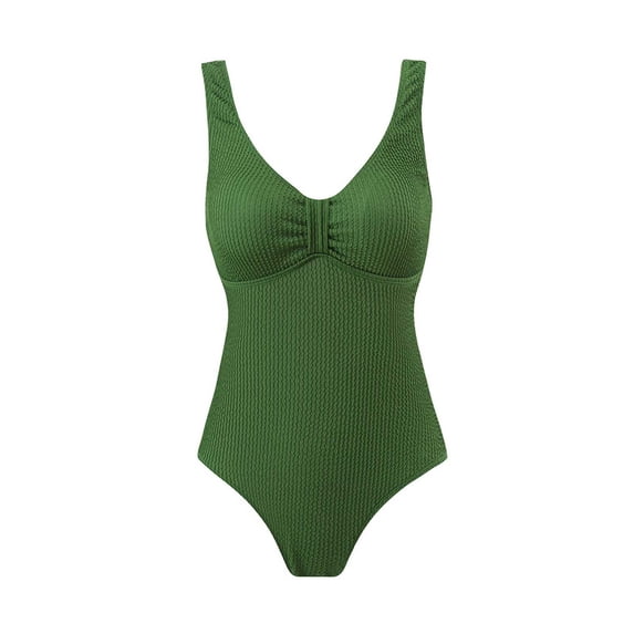 WREESH Women's Ribbed One Piece Swimsuit V-Neck Wide Straps - Textured Backless Tummy Control Bathing Suit Slim Swimwear 2025 Olive Green