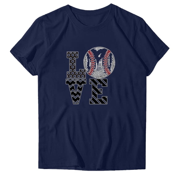 WREESH Women's Round Neck Baseball Graphic Tee Fashion Short Sleeve Blouse with Sporty Prints Navy