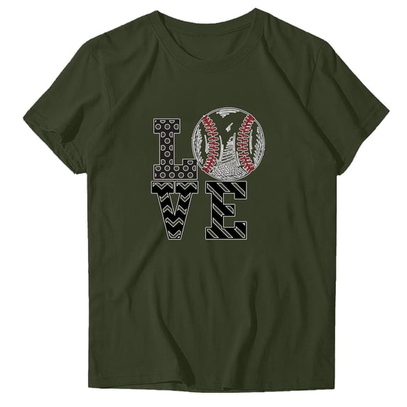 WREESH Women's Round Neck Baseball Graphic Tee Fashion Short Sleeve Blouse with Sporty Prints Olive Green