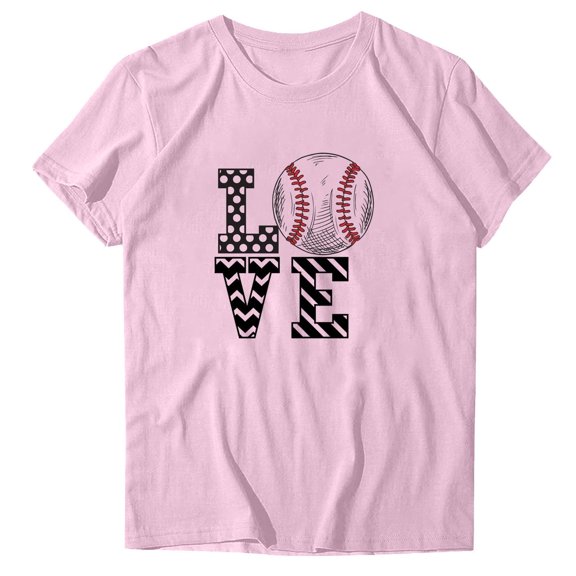 WREESH Women's Round Neck Baseball Graphic Tee Fashion Short Sleeve Blouse with Sporty Prints Pink