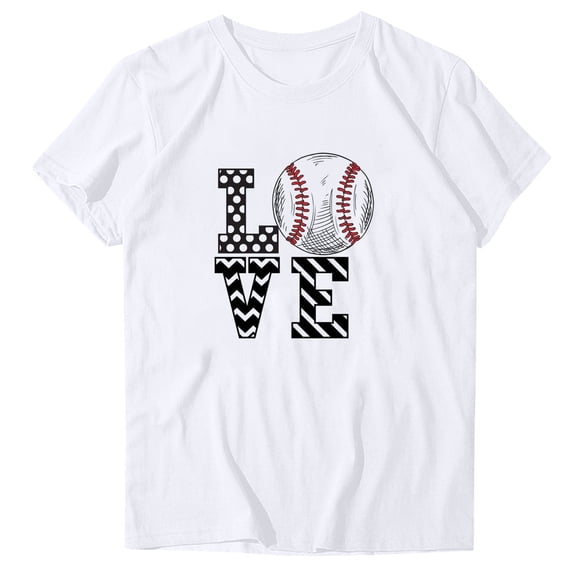 WREESH Women's Round Neck Baseball Graphic Tee Fashion Short Sleeve Blouse with Sporty Prints White
