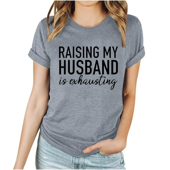 WREESH Women's Round Neck T-Shirt Short Sleeve Summer Top with Graphic Print Gray