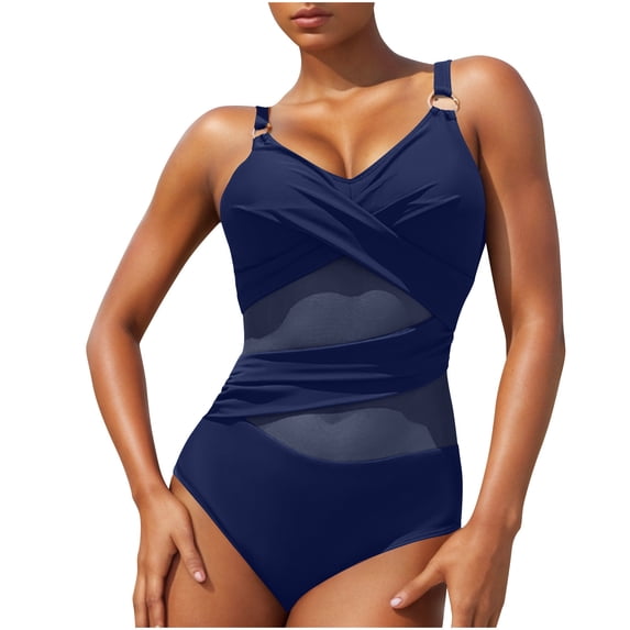 WREESH Women's Mesh One Piece Swimsuit Fashion V-Neck Tummy Control Slim Bathing Suit Adjustable Straps Swimwear Navy