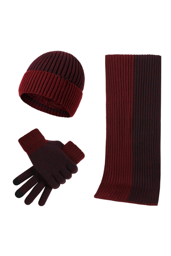 Women's Same Style Winter Woolen Hat Set Color Blocked Knitted Hat, Scarf, and Gloves, Three Piece Set With Long Beanie Wine