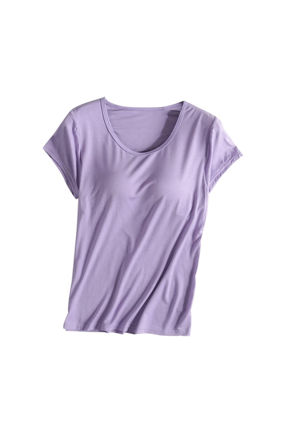 Women's Scoop Neck Cap Sleeve T-Shirt Lightweight Built-In Bra for Yoga & Sports Purple