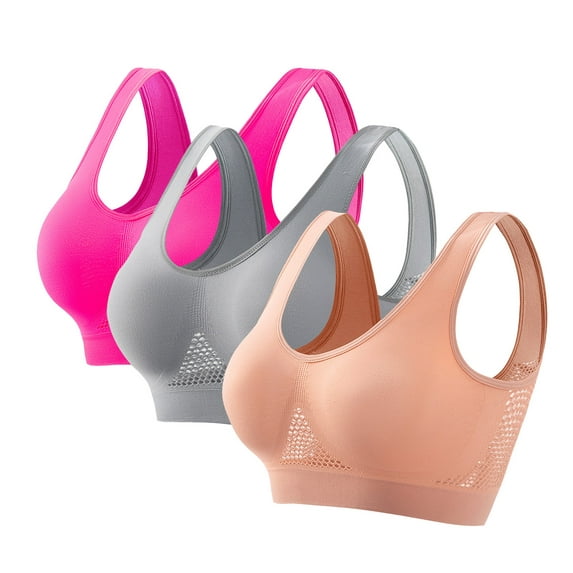 WREESH Women's Seamless Sports Bras 3 Pack Comfortable Mesh Yoga Bras No Underwire High Impact Padded Breathable Cool Bras Hot Pink