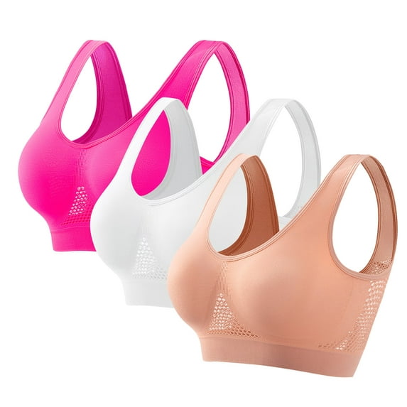 WREESH Women's Seamless Sports Bras 3 Pack Comfortable Mesh Yoga Bras No Underwire High Impact Padded Breathable Cool Bras Hot Pink
