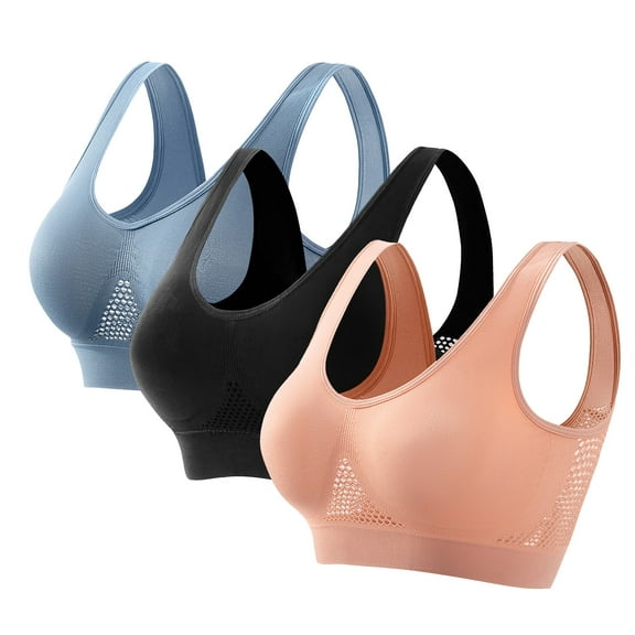 WREESH Women's Seamless Sports Bras 3 Pack Comfortable Mesh Yoga Bras No Underwire High Impact Padded Breathable Cool Bras Navy