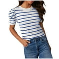 thumbnail image 1 of WREESH Women's Short Puff Sleeve Knit Tops 2025 Trendy Crewneck Crop Tops Striped T-Shirts for Casual Summer Wear Blue, 1 of 7