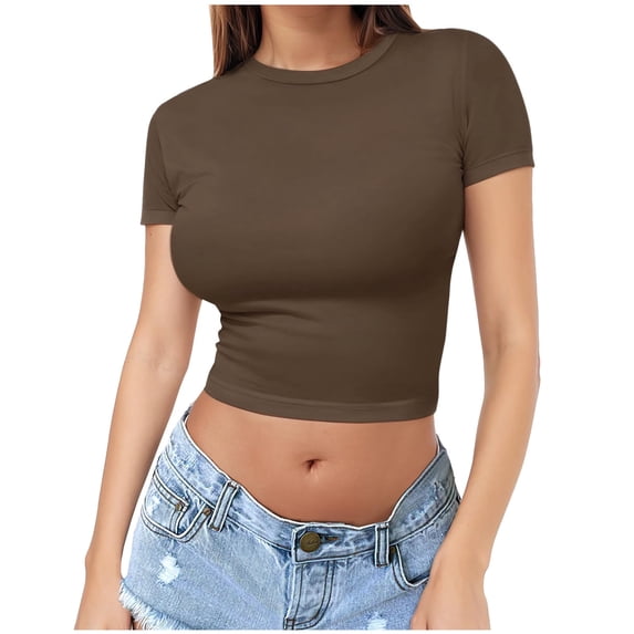 WREESH Women's Short Sleeve Crop Top Crew Neck Shirt for a Fashion Slim Fitting Casual Solid Color Top Brown