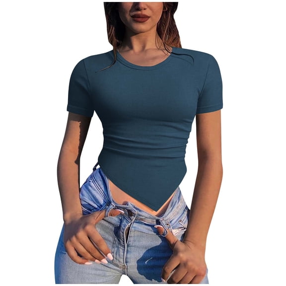 WREESH Women's Short Sleeve Crop Top Fashion Slim Fitted Casual Round-Neck Solid T-Shirt Top Stylish Solid Color Blouse for Women Navy