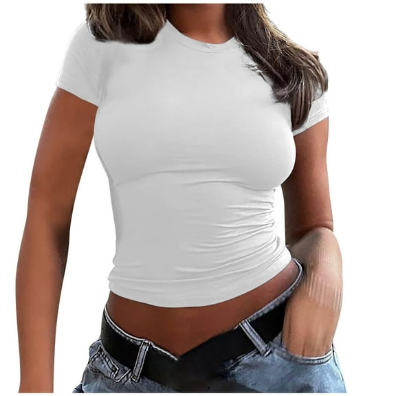 WREESH Women's Short Sleeve Crop Top Solid Color Casual Crew Neck T-Shirt Fashion Slim Blouse Top White