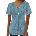 thumbnail image 1 of WREESH Women's Short Sleeve Henley Top with Printed V-Neck Button Up Graphic Design Blue, 1 of 5
