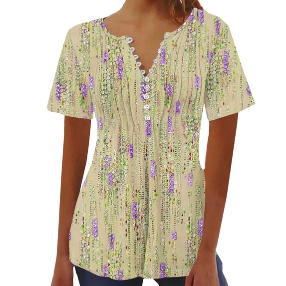 WREESH Women's Short Sleeve Henley Top with Printed V-Neck Button Up Graphic Design Yellow
