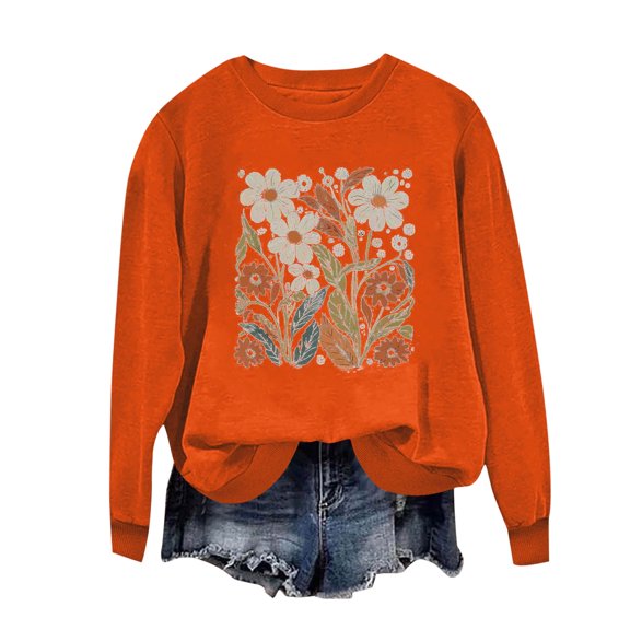 WREESH Women's Soft Crewneck Long Sleeve Sweatshirt Loose Fit Casual Fall Pullover Graphic Print Tops Orange