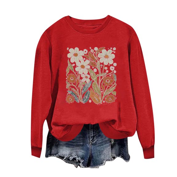 WREESH Women's Soft Crewneck Long Sleeve Sweatshirt Loose Fit Casual Fall Pullover Graphic Print Tops Red