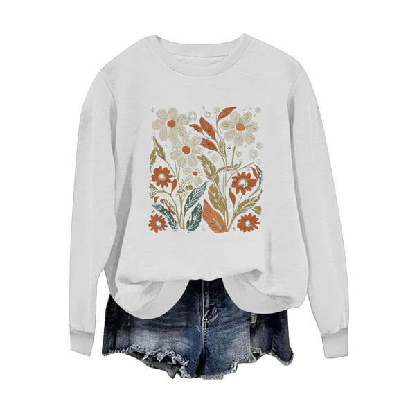 WREESH Women's Soft Crewneck Long Sleeve Sweatshirt Loose Fit Casual Fall Pullover Graphic Print Tops White