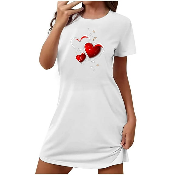 WREESH Women's Soft Nightgown Sleepwear Short Sleeve Heart Printed Sleepshirts Casual Sleepdress Valentines Day Pajamas White