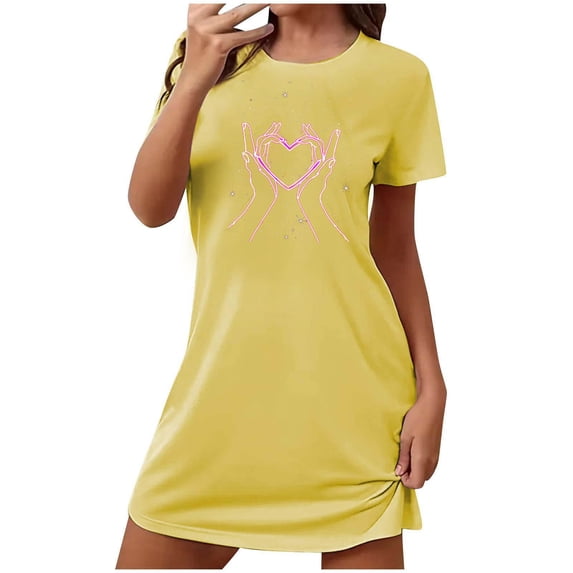 WREESH Women's Soft Sleepshirts Nightgown Sleepwear Short Sleeves Shirt Casual Graphic Printed Sleepdress Yellow