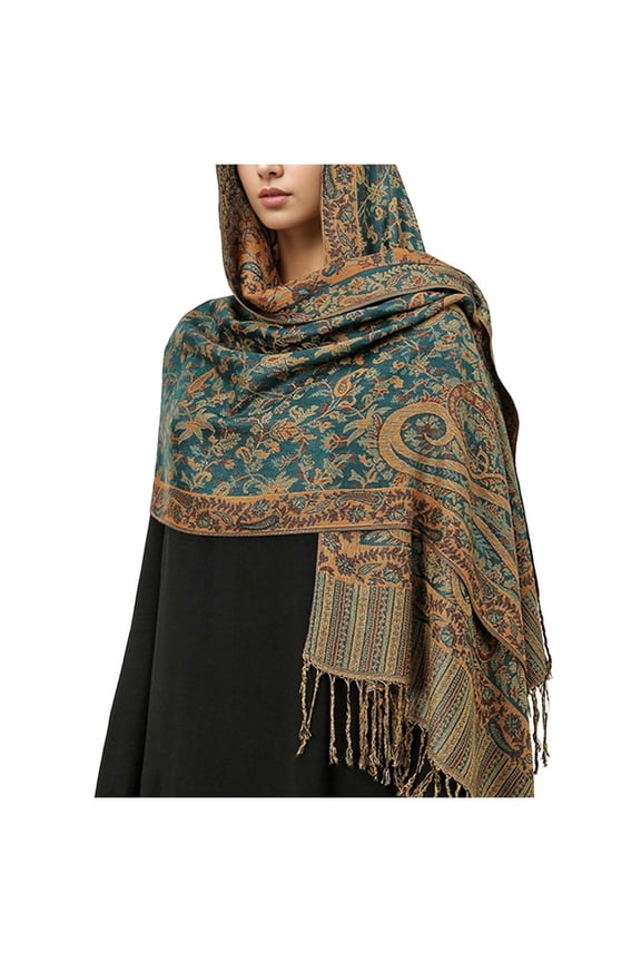 Women's Soft Wool Ethnic Style Blanket Shawl, Warm Paisley Tassels Scarf for Winter Comfort Gray
