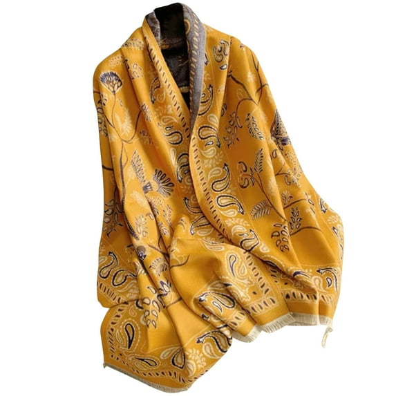 WREESH Women's Soft Wool Ethnic Style Shawl, Paisley Tassels Lengthening Warm Winter Scarf Yellow