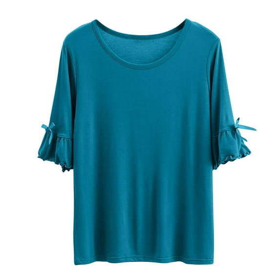 WREESH Women's Solid Color Bow T-Shirts Loose Slimming Round Neck Short Sleeved Tops Green