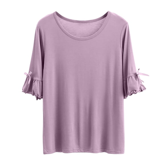 WREESH Women's Solid Color Bow T-Shirts Loose Slimming Round Neck Short Sleeved Tops Purple