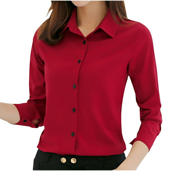 WREESH Women's Solid Color Button Down Shirts Casual Slim Fitting Fashion Shirt with Long Sleeve for a Stylish Look Red