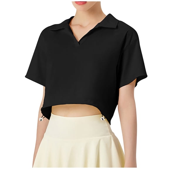 WREESH Women's Solid Color Casual Collared Crop Top Quick Drying Sports and Fitness Top Black