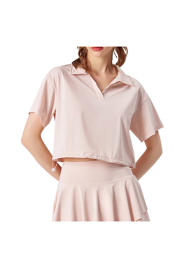 Women's Solid Color Casual Collared Crop Top Quick Drying Sports and Fitness Top Pink