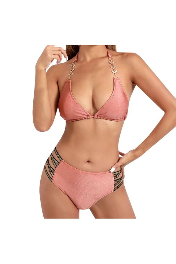 Women's Solid Color Fashion Backless Hanging Neck Bikini Set - Chest Cushion with Briefs Pants Gold