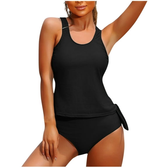 WREESH Women's Tummy Control Tankini Swimsuits 2-Piece High Waisted Athletic Swimsuit Racerback Top & Swim Shorts Quick-Dry Black
