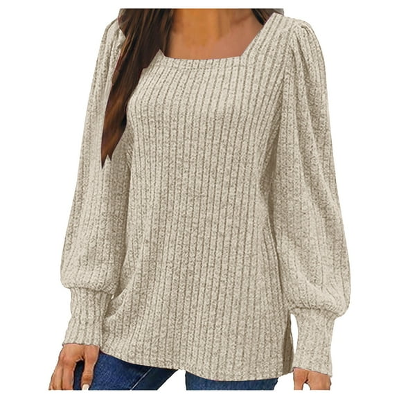 WREESH Women's Solid Color Knit Sweater Soft Puff Long Sleeve Shirts Lightweight Square Neck Casual Tunic Tops Khaki