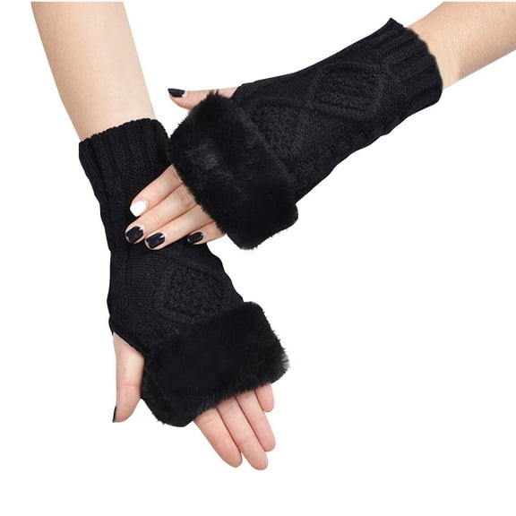 WREESH Women's Solid Color Knitting Fleece Half Finger Gloves Fashionable Keep Warm Winter Gloves Black