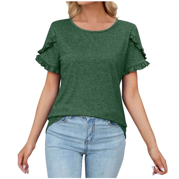 WREESH Women's Solid Color Round Neck T-Shirts Summer Ruffle Sleeve Casual Blouses Green