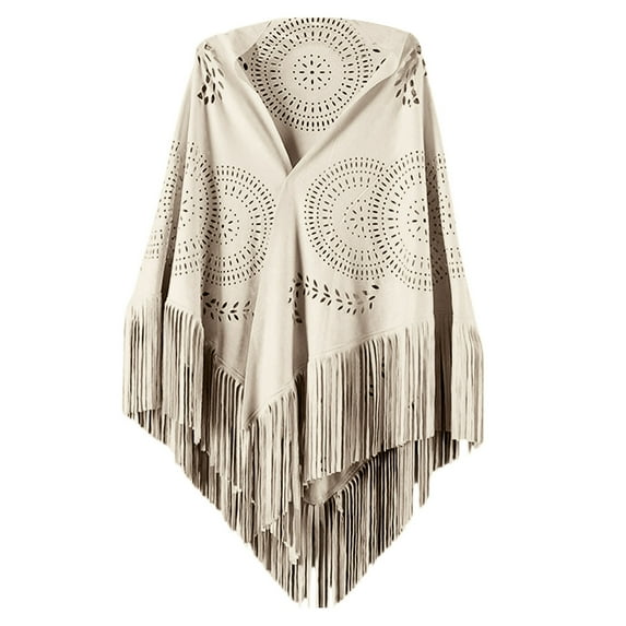 WREESH Women's Solid Color Suede Shawl With Hollow Fringe, Winter Warm and Comfortable Scarf Beige