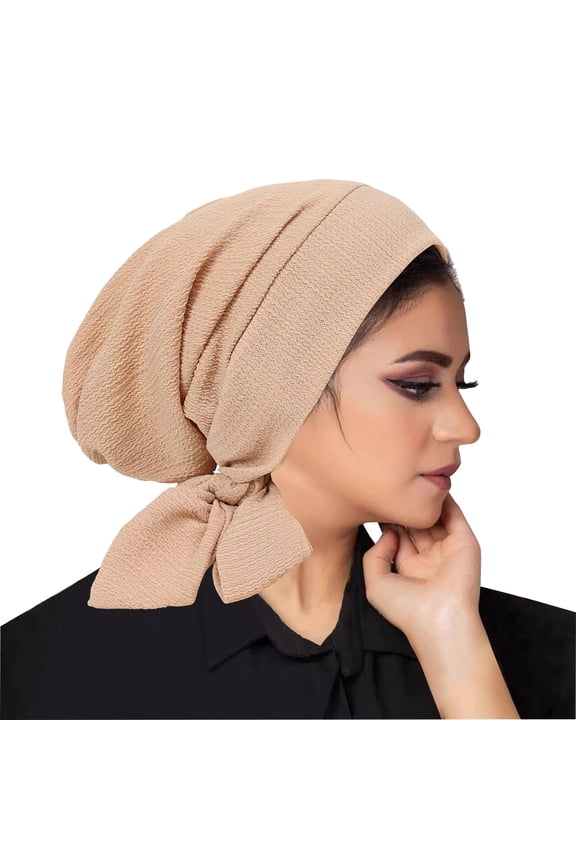 Women's Solid Color Turban Crystal Linen Long Tail Headscarf Cap With Wavy Pattern Beige