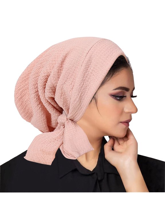 Women's Solid Color Turban Crystal Linen Long Tail Headscarf Cap With Wavy Pattern Pink