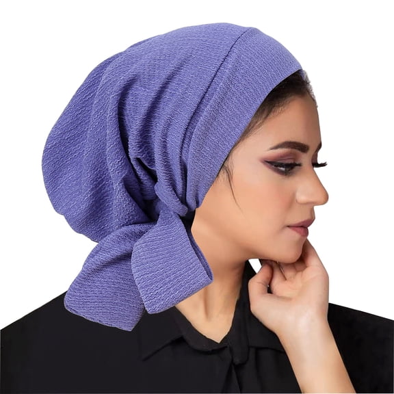WREESH Women's Solid Color Turban Crystal Linen Long Tail Headscarf Cap With Wavy Pattern Purple