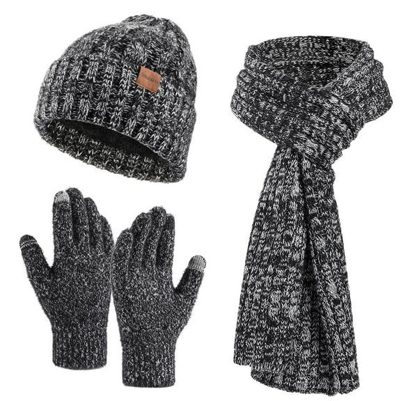 WREESH Women's Solid Color Velvet Winter Knitted Set Long Beanie, Warm Hat, Scarf, and Gloves Three Piece Suit Black