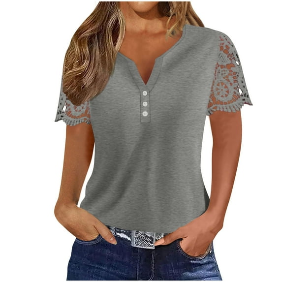 WREESH Women's Solid V-Neck Button Lace Patchwork Short Sleeve T-Shirt Stylish Top with Patchwork Dark Gray