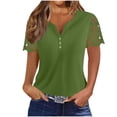 thumbnail image 1 of WREESH Women's Solid V-Neck Button Lace Patchwork Short Sleeve T-Shirt Stylish Top with Patchwork Green, 1 of 4