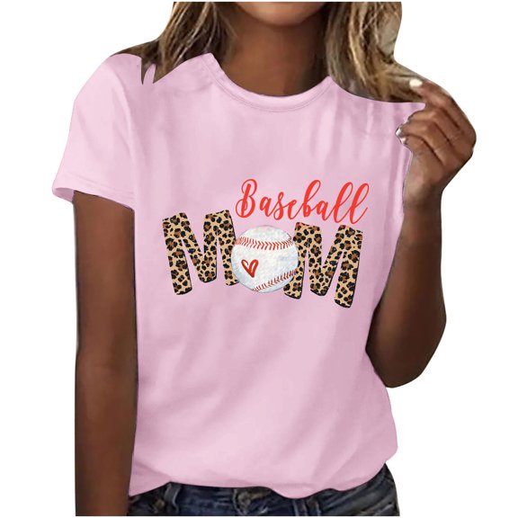 WREESH Women's Sporty Graphic T-Shirt Baseball Mom Theme with Round Neck and Short Sleeves Pink