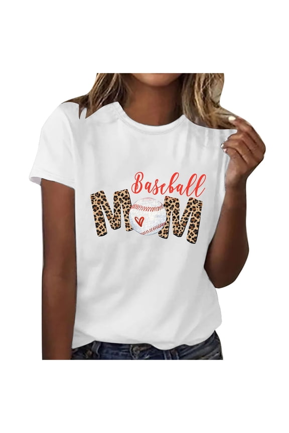 Women's Sporty Graphic T-Shirt Baseball Mom Theme with Round Neck and Short Sleeves White